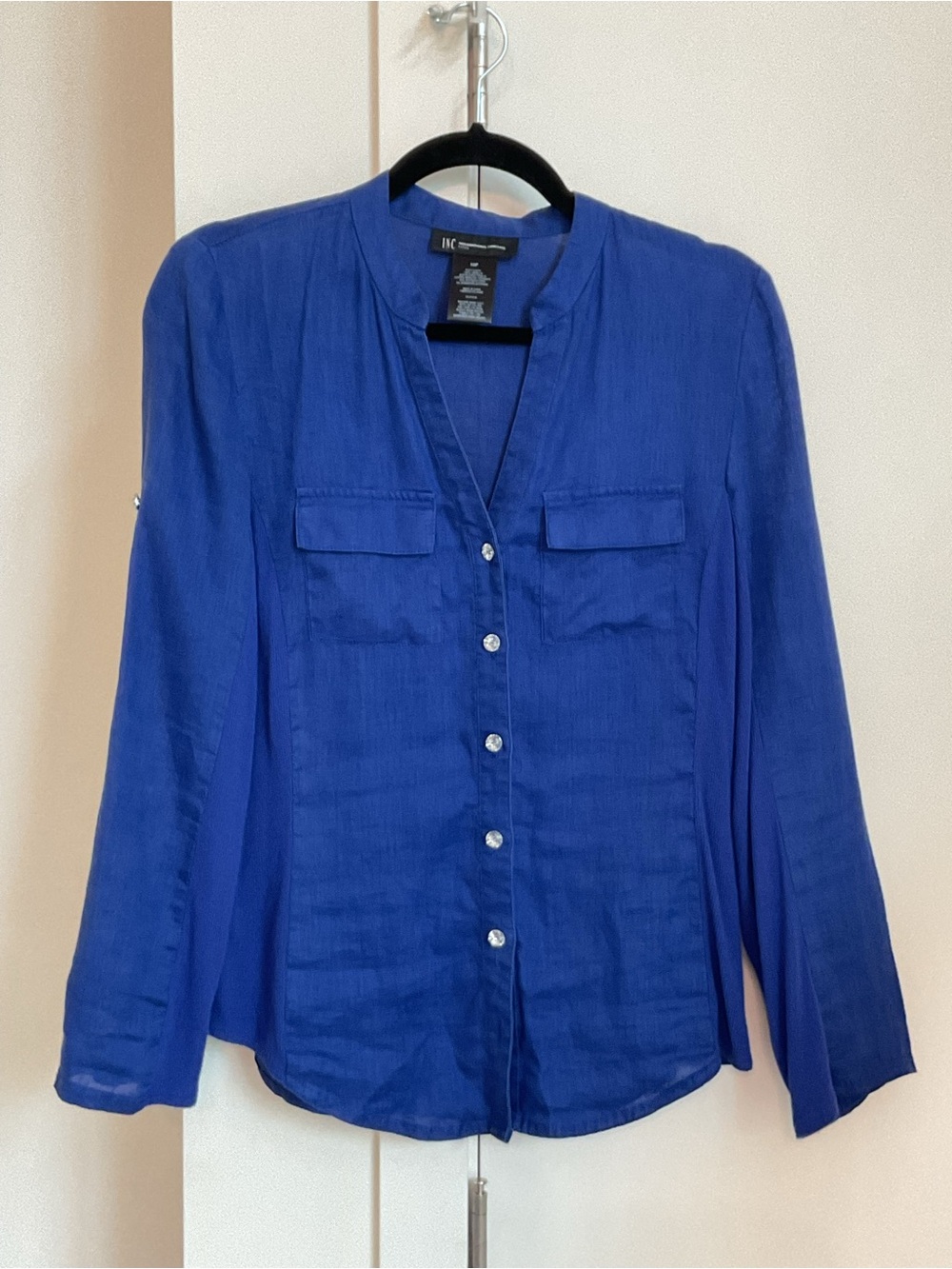 INC International Concepts Vibrant Blue Line. Button-Front V-Neck Blouse
